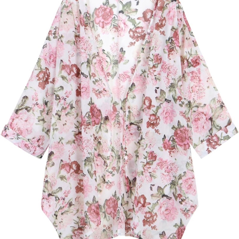 Floral Print Sheer Chiffon 3/4 Bat Sleeve Casual Loose Kimono Cardigan Capes